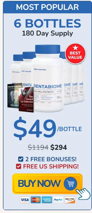 DentaBiome MOST POPULAR 6 bottles 180 day supply 49 per bottle total 294 free shipping bonuses Buy Now pricing card